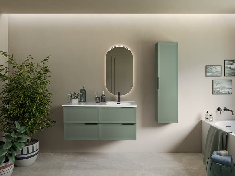 Badezimmermöbel Avivo 121 cm 4 Schubladen mattgrün mit Unitop-Waschbecken aus Keramik Avivo Rechts | IperCeramica Badezimmermöbel Avivo 121 cm 4 Schubladen mattgrün mit Unitop-Waschbecken aus Keramik Avivo Rechts | IperCeramica