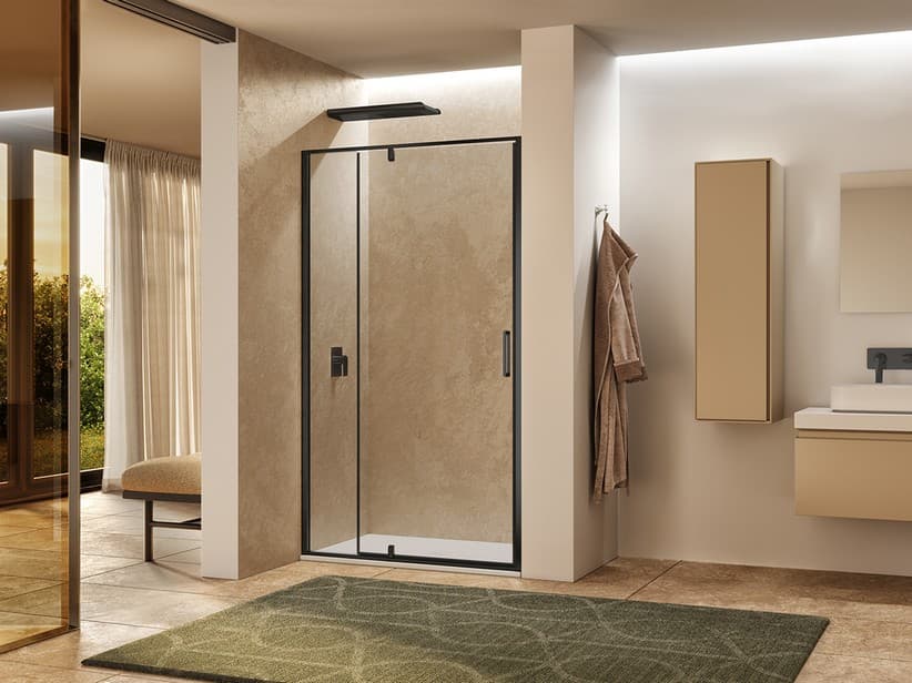 Duschdrehtür Onda mit Festfeld cm 100xH200 Erw. 95,5/99,5 cm Glasstärke 6 mm Transparent, Schwarz matt | IperCeramica Duschdrehtür Onda mit Festfeld cm 100xH200 Erw. 95,5/99,5 cm Glasstärke 6 mm Transparent, Schwarz matt | IperCeramica