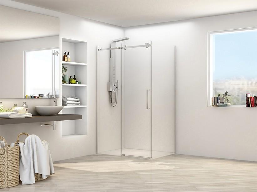 Eckduschkabine Oxo Inox 70x120 H200 Erw .117,5/119-66,5/68,9 cm Schiebetür, Glasstärke 8 mm, Profile Edelstahl gebürstet | IperCeramica Eckduschkabine Oxo Inox 70x120 H200 Erw .117,5/119-66,5/68,9 cm Schiebetür, Glasstärke 8 mm, Profile Edelstahl gebürstet | IperCeramica