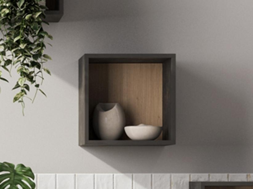 Würfel-Hängebadmöbel OXYGEN 28x28 cm Schwarz Portland mit Einsatz mit Furnier aus Eichennaturholz mit Knorren | IperCeramica Würfel-Hängebadmöbel OXYGEN 28x28 cm Schwarz Portland mit Einsatz mit Furnier aus Eichennaturholz mit Knorren | IperCeramica