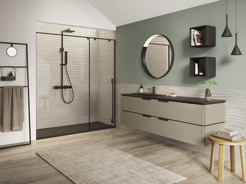 Badmöbel TOUCH 160 cm 4 Schubladen Taupe matt mit Waschbecken Unitop HIDE links aus Harz Steinoptik Schwarz | IperCeramica Badmöbel TOUCH 160 cm 4 Schubladen Taupe matt mit Waschbecken Unitop HIDE links aus Harz Steinoptik Schwarz | IperCeramica