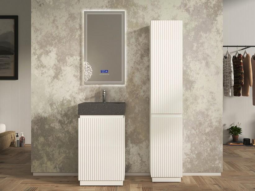 Badmöbel FARO am Boden 50 cm gerippt Weiß matt und Waschbecken Unitop aus HPL Quarzit dunkel | IperCeramica Badmöbel FARO am Boden 50 cm gerippt Weiß matt und Waschbecken Unitop aus HPL Quarzit dunkel | IperCeramica