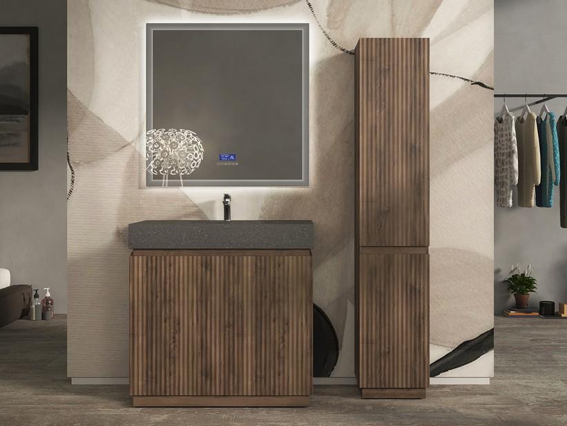 Badmöbel FARO am Boden 90 cm gerippt Nuss matt und Waschbecken Unitop aus HPL Quarzit dunkel | IperCeramica Badmöbel FARO am Boden 90 cm gerippt Nuss matt und Waschbecken Unitop aus HPL Quarzit dunkel | IperCeramica