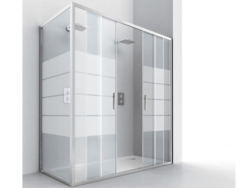 Eckduschkabine Nice 140x75 H195 Erw 137/141 - 74,5/78,5 Schiebetüren + fester Teil aus Glasstärke 6mm Transp. Siebdruck Chrom | IperCeramica Eckduschkabine Nice 140x75 H195 Erw 137/141 - 74,5/78,5 Schiebetüren + fester Teil aus Glasstärke 6mm Transp. Siebdruck Chrom | IperCeramica