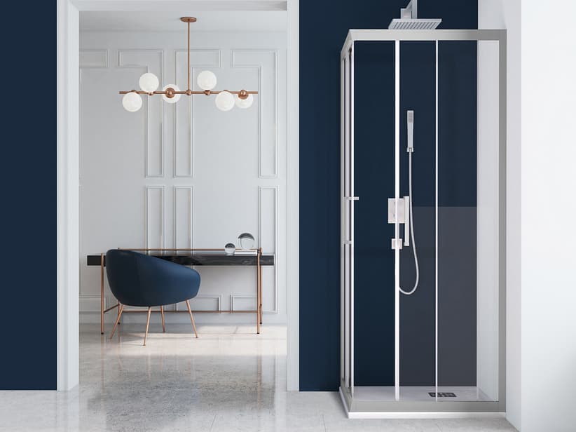 Eckduschkabine Zen 70x90 H190,4 Red 70/65 - 90/85 Schiebetüren Glasstärke 6 mm Transparent Silver | IperCeramica Eckduschkabine Zen 70x90 H190,4 Red 70/65 - 90/85 Schiebetüren Glasstärke 6 mm Transparent Silver | IperCeramica