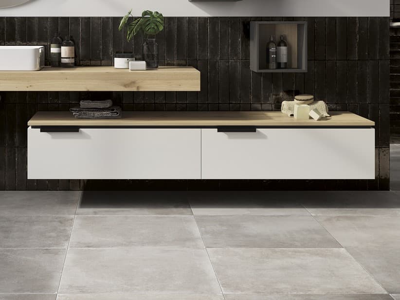 Kommode TOUCH 140 cm 2 Schubladen Weiß Matt und 1,8 cm dicke Eichenplatte mit Knorren | IperCeramica Kommode TOUCH 140 cm 2 Schubladen Weiß Matt und 1,8 cm dicke Eichenplatte mit Knorren | IperCeramica