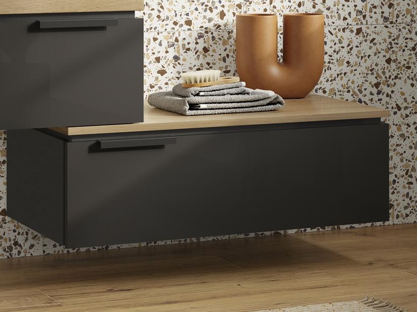Kommode TOUCH 90 cm 1 Schublade Anthrazitgrau glänzend und Eichenplatte mit Knorren | IperCeramica Kommode TOUCH 90 cm 1 Schublade Anthrazitgrau glänzend und Eichenplatte mit Knorren | IperCeramica