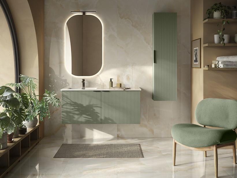 Badmöbel AVIVO 120 cm 2 Türen gerippt Grün matt mit Waschbecken 1 Becken links SMART aus Keramik Weiß glänzend. | IperCeramica Badmöbel AVIVO 120 cm 2 Türen gerippt Grün matt mit Waschbecken 1 Becken links SMART aus Keramik Weiß glänzend. | IperCeramica