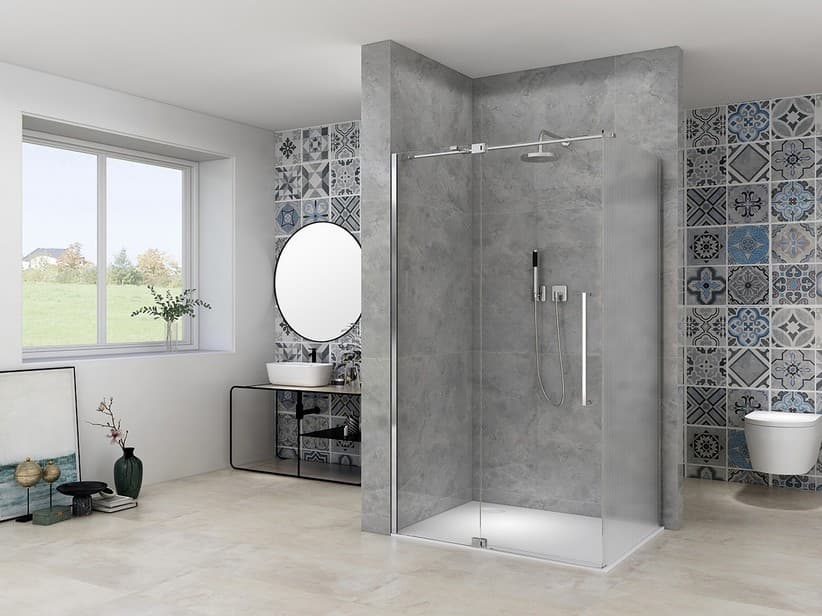 Eckduschkabine Mantra 100x70 H200 Drehtür Glasstärke 8 mm Transparent und Wellenglas, Profile Chrom | IperCeramica Eckduschkabine Mantra 100x70 H200 Drehtür Glasstärke 8 mm Transparent und Wellenglas, Profile Chrom | IperCeramica