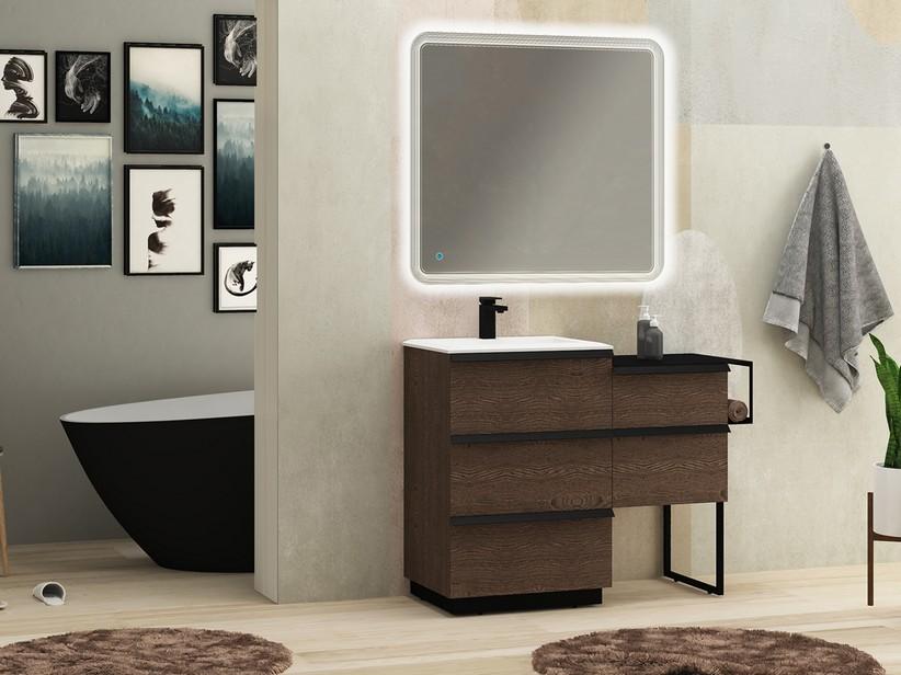 Badezimmermöbel Noho 116 cm mit 3+2 Schubladen in dunkler Esche und Waschbecken Unitop aus mattweißem Harz | IperCeramica Badezimmermöbel Noho 116 cm mit 3+2 Schubladen in dunkler Esche und Waschbecken Unitop aus mattweißem Harz | IperCeramica