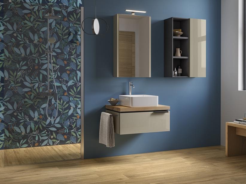 Badmöbel TOUCH 70 cm 1 Schublade Graubeige glänzend und Eichenplatte mit Knorren | IperCeramica Badmöbel TOUCH 70 cm 1 Schublade Graubeige glänzend und Eichenplatte mit Knorren | IperCeramica