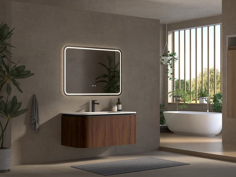 Badmöbel Tide 100 cm 3 Schubladen aus Mehrschichtholz Nussbaum mit Waschbecken aus Solid Surface Weiß matt | IperCeramica Badmöbel Tide 100 cm 3 Schubladen aus Mehrschichtholz Nussbaum mit Waschbecken aus Solid Surface Weiß matt | IperCeramica