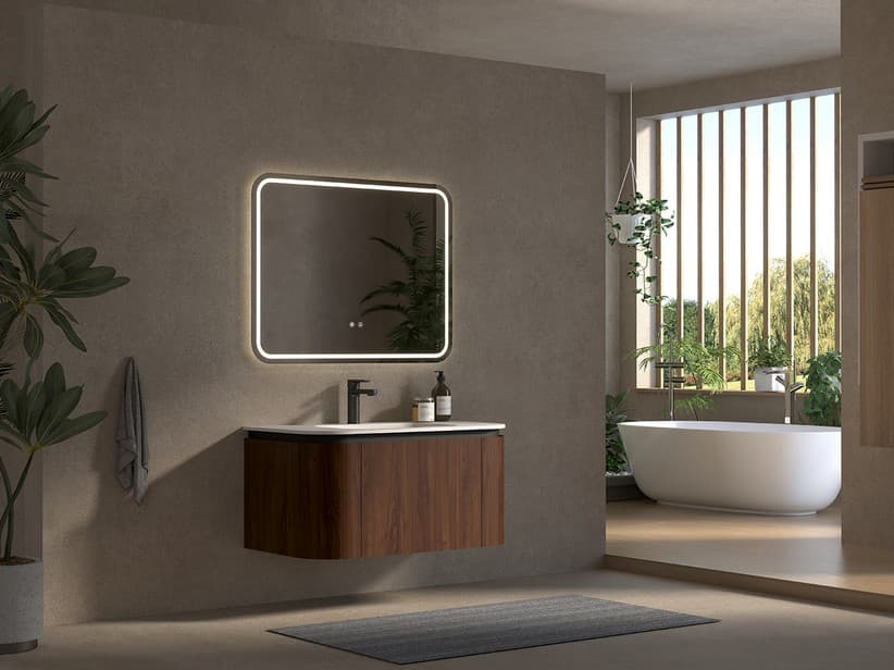 Badmöbel Tide 90 cm 3 Schubladen aus Mehrschichtholz Nussbaum mit Waschbecken aus Solid Surface Weiß matt | IperCeramica Badmöbel Tide 90 cm 3 Schubladen aus Mehrschichtholz Nussbaum mit Waschbecken aus Solid Surface Weiß matt | IperCeramica