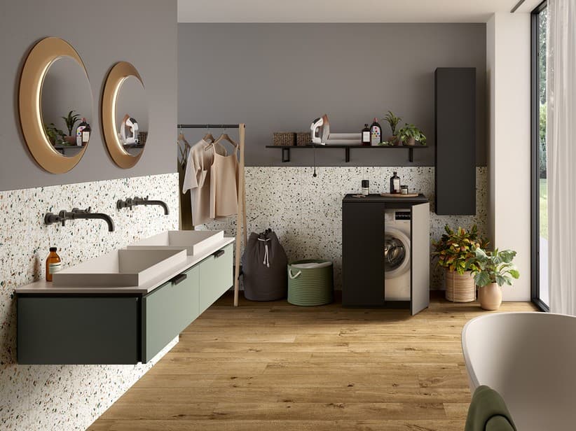 TOUCH 140 cm Badezimmerschrank 2 Schubladen Salbeigrün matt und Halbeinbaudoppelbecken STAR Mattweiß | IperCeramica TOUCH 140 cm Badezimmerschrank 2 Schubladen Salbeigrün matt und Halbeinbaudoppelbecken STAR Mattweiß | IperCeramica