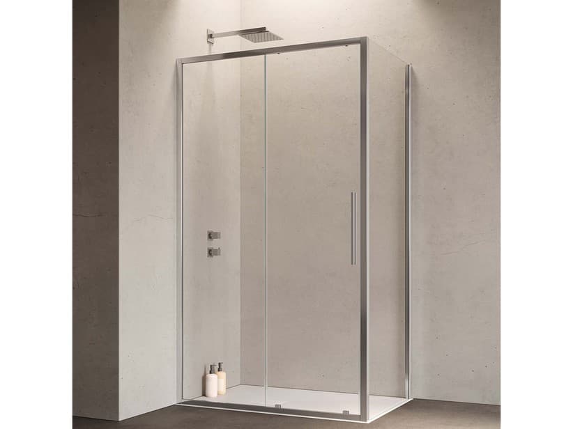 Eckduschkabine Sax Schiebetür und feste Seite cm 140x80 Glasstärke 6 mm Transparent, Profile Chrom | IperCeramica Eckduschkabine Sax Schiebetür und feste Seite cm 140x80 Glasstärke 6 mm Transparent, Profile Chrom | IperCeramica