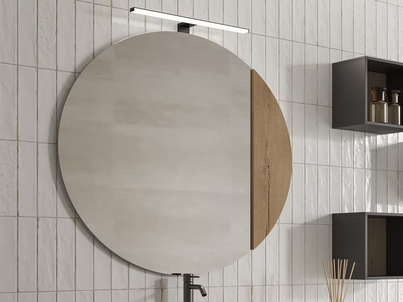 Badspiegel OXYGEN Ø 90 cm mit Einsatz mit Furnier aus Eichennaturholz mit Knorren | IperCeramica Badspiegel OXYGEN Ø 90 cm mit Einsatz mit Furnier aus Eichennaturholz mit Knorren | IperCeramica