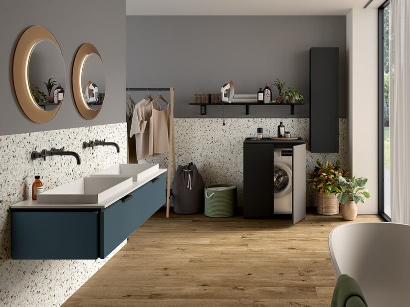 TOUCH 140 cm Badezimmerschrank 2 Schubladen Blau matt und Halbeinbaudoppelbecken STAR Mattweiß | IperCeramica TOUCH 140 cm Badezimmerschrank 2 Schubladen Blau matt und Halbeinbaudoppelbecken STAR Mattweiß | IperCeramica