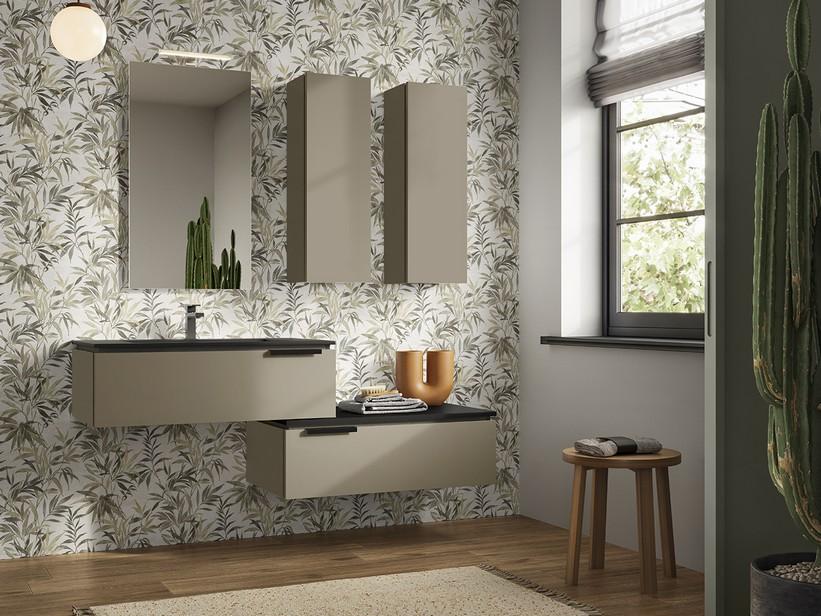 Badmöbel TOUCH 90 cm 1 Schublade Taupe matt und Waschbecken Unitop HIDE aus Harz Steinoptik Schwarz | IperCeramica Badmöbel TOUCH 90 cm 1 Schublade Taupe matt und Waschbecken Unitop HIDE aus Harz Steinoptik Schwarz | IperCeramica