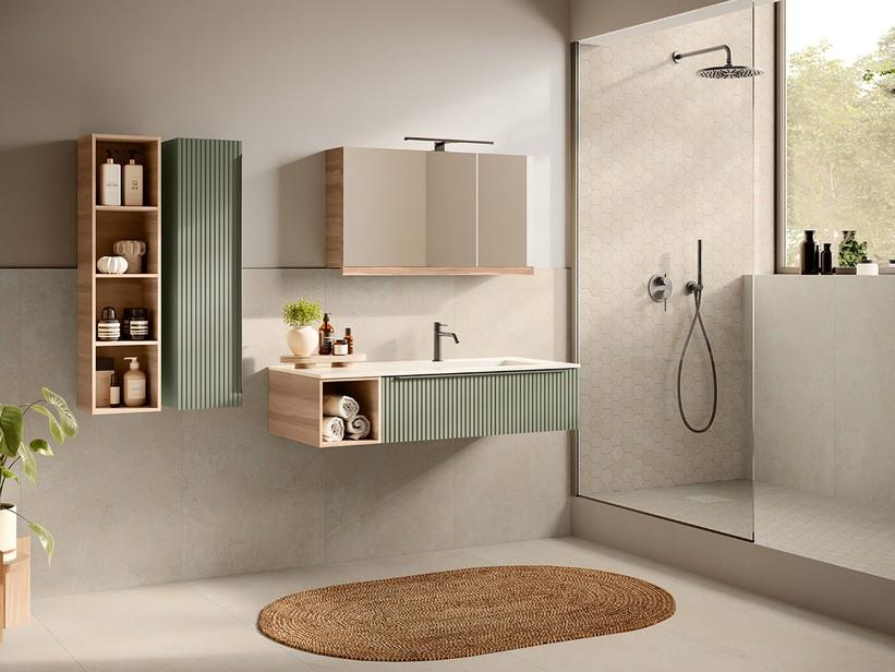 Badmöbel Trendy 115 cm Grün matt/Nussbaum und Hide Waschbecken Re. Weiß glänzend | IperCeramica Badmöbel Trendy 115 cm Grün matt/Nussbaum und Hide Waschbecken Re. Weiß glänzend | IperCeramica