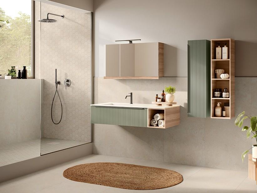 Badmöbel Trendy 115 cm Grün matt/Nussbaum und Hide Waschbecken Li. Weiß matt | IperCeramica Badmöbel Trendy 115 cm Grün matt/Nussbaum und Hide Waschbecken Li. Weiß matt | IperCeramica
