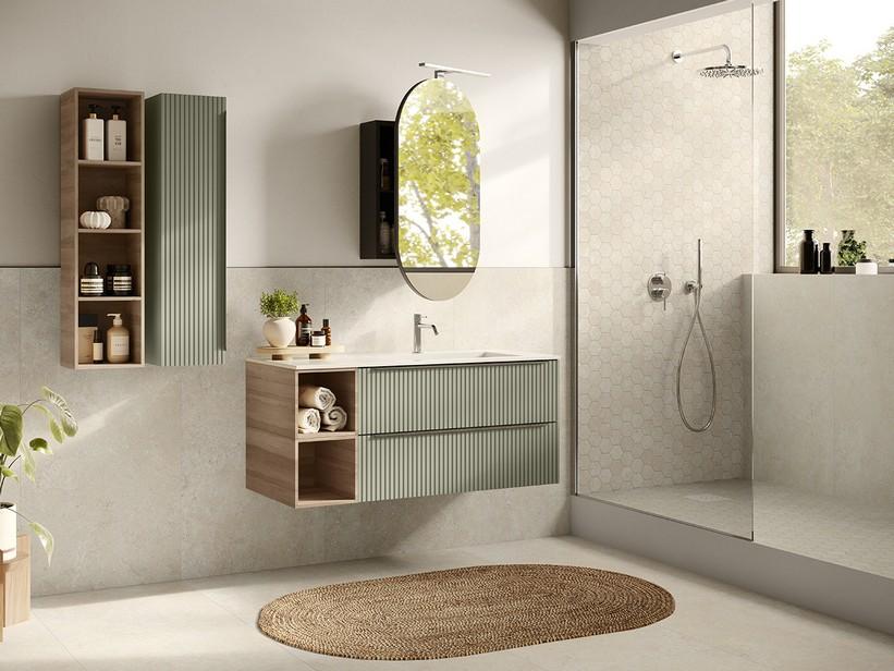 Badmöbel Trendy 115 cm 2 Schubladen Grün matt/Nussbaum und Hide Waschbecken Re. Weiß glänzend | IperCeramica Badmöbel Trendy 115 cm 2 Schubladen Grün matt/Nussbaum und Hide Waschbecken Re. Weiß glänzend | IperCeramica