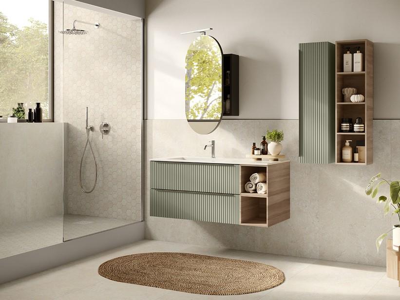 Badmöbel Trendy 115 cm 2 Schubladen Grün matt/Nussbaum und Hide Waschbecken Li. Weiß matt | IperCeramica Badmöbel Trendy 115 cm 2 Schubladen Grün matt/Nussbaum und Hide Waschbecken Li. Weiß matt | IperCeramica