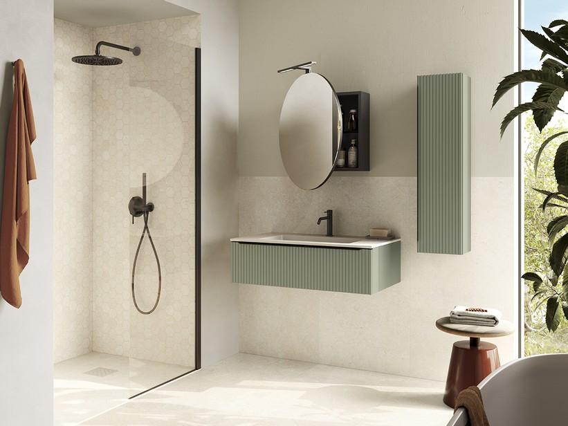 Badmöbel Trendy 90 cm Grün matt gerippt und Waschbecken aus Keramik Weiß glänzend | IperCeramica Badmöbel Trendy 90 cm Grün matt gerippt und Waschbecken aus Keramik Weiß glänzend | IperCeramica