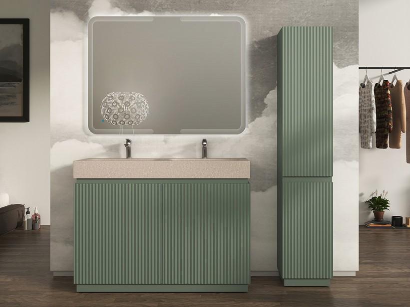 Meuble salle de bains FARO 120 cm à poser cannelé vert mat et lavabo Unitop en HPL quartzite clair | IperCeramica Meuble salle de bains FARO 120 cm à poser cannelé vert mat et lavabo Unitop en HPL quartzite clair | IperCeramica