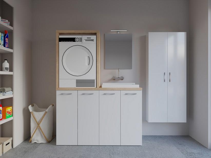 Meuble buanderie BONK 140 cm pour lave-linge et sèche-linge 4 portes et bac à laver à droite blanc brillant/chêne | IperCeramica Meuble buanderie BONK 140 cm pour lave-linge et sèche-linge 4 portes et bac à laver à droite blanc brillant/chêne | IperCeramica