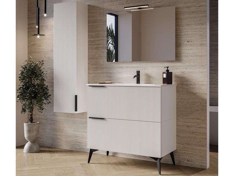Meuble salle de bains AVIVO 90 cm 2 tiroirs cannelé blanc mat avec vasque en résine blanc brillant | IperCeramica Meuble salle de bains AVIVO 90 cm 2 tiroirs cannelé blanc mat avec vasque en résine blanc brillant | IperCeramica
