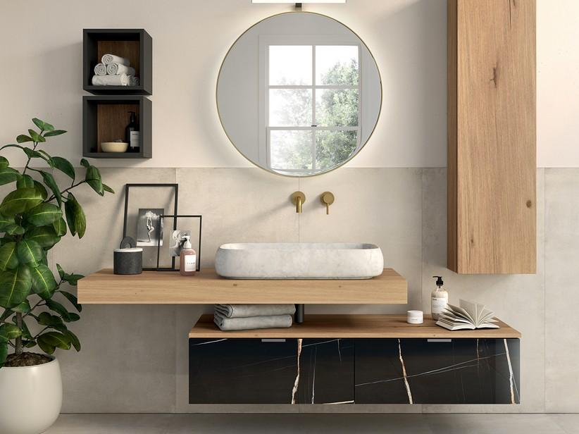 Meuble suspendu CLASS GRES 140 cm 2 tiroirs en grès Sahara noir brillant et plan en bois ép. 1,8 cm chêne à nœuds | IperCeramica Meuble suspendu CLASS GRES 140 cm 2 tiroirs en grès Sahara noir brillant et plan en bois ép. 1,8 cm chêne à nœuds | IperCeramica