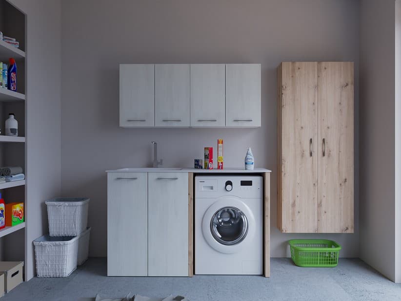 Meuble buanderie BONK 140 cm 2 portes avec lavabo en solid surface gauche - Blanc matrix/Chêne à nœuds | IperCeramica Meuble buanderie BONK 140 cm 2 portes avec lavabo en solid surface gauche - Blanc matrix/Chêne à nœuds | IperCeramica