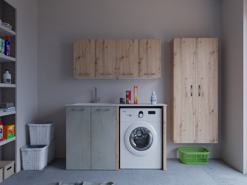 Meuble buanderie BONK 140 cm 2 portes avec lavabo en solid surface gauche - Ciment/Chêne à nœuds | IperCeramica Meuble buanderie BONK 140 cm 2 portes avec lavabo en solid surface gauche - Ciment/Chêne à nœuds | IperCeramica