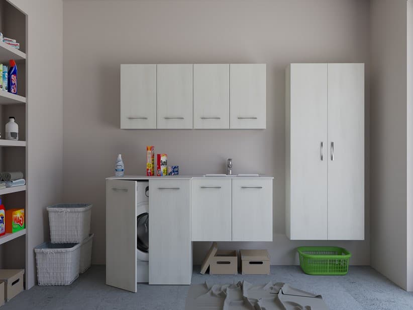 Meuble buanderie BONK 140x51/63 cm 4 portes avec lavabo en solid surface droite - Blanc Matrix | IperCeramica Meuble buanderie BONK 140x51/63 cm 4 portes avec lavabo en solid surface droite - Blanc Matrix | IperCeramica
