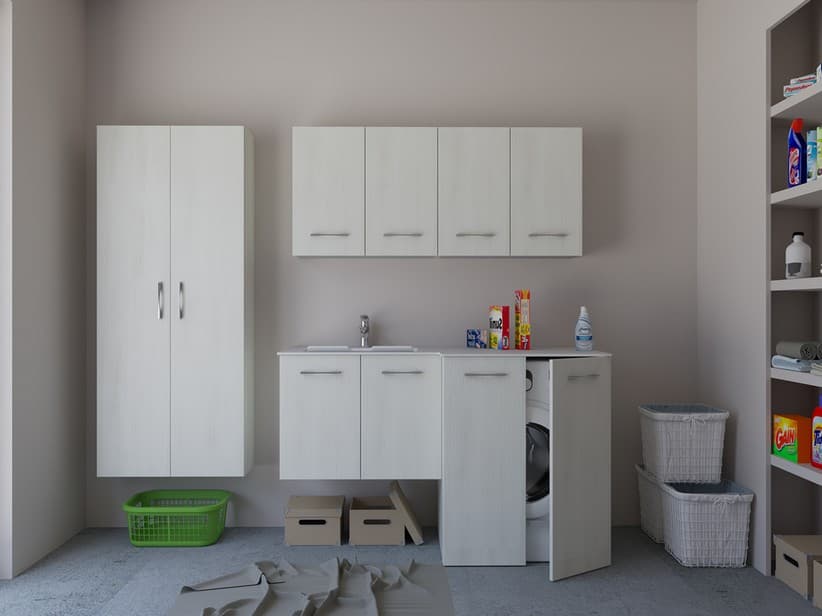 Meuble buanderie BONK 140x51/63 cm 4 portes avec lavabo en solid surface gauche - Blanc Matrix | IperCeramica Meuble buanderie BONK 140x51/63 cm 4 portes avec lavabo en solid surface gauche - Blanc Matrix | IperCeramica