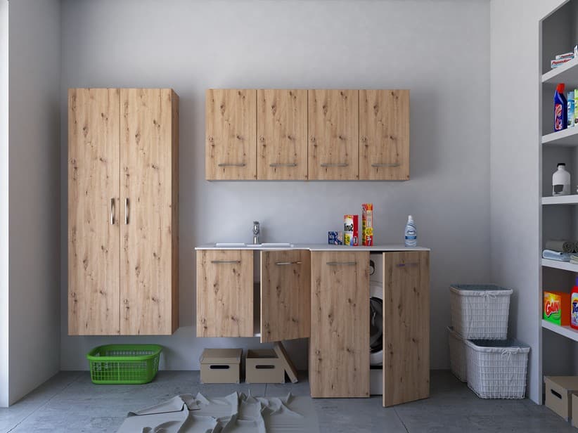 Meuble buanderie BONK 140x51/63 cm 4 portes avec lavabo en solid surface gauche - Chêne à nœuds | IperCeramica Meuble buanderie BONK 140x51/63 cm 4 portes avec lavabo en solid surface gauche - Chêne à nœuds | IperCeramica