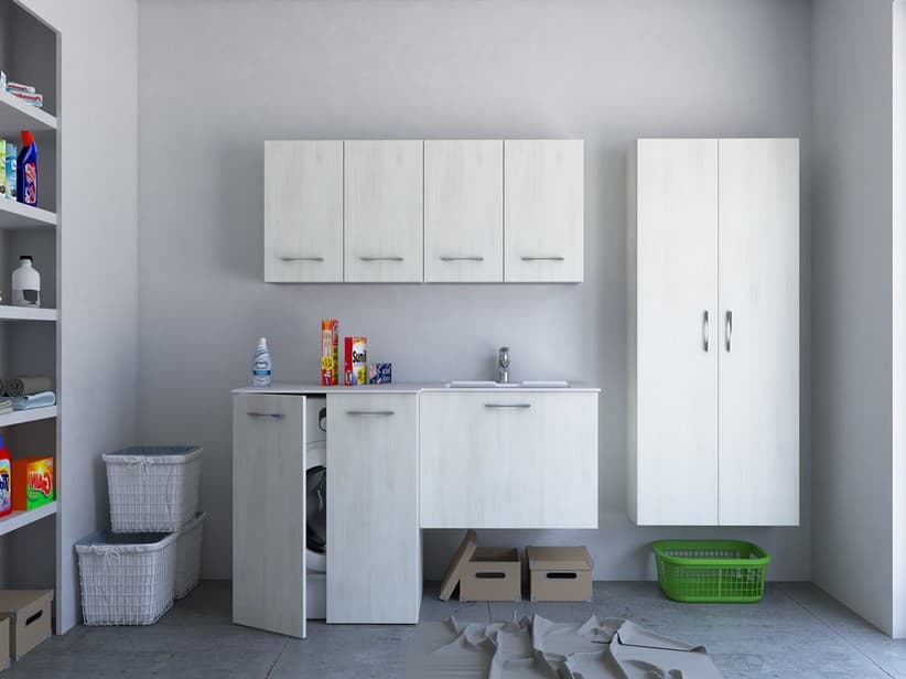 Meuble buanderie BONK 140x51/63 cm 2 portes et tiroir avec lavabo en solid surface droite - Blanc Matrix | IperCeramica Meuble buanderie BONK 140x51/63 cm 2 portes et tiroir avec lavabo en solid surface droite - Blanc Matrix | IperCeramica