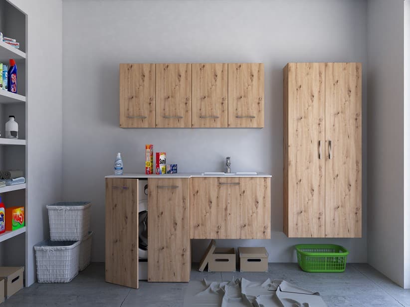 Meuble buanderie BONK 140x51/63 cm 2 portes et tiroir avec lavabo en solid surface droite - Chêne à nœuds | IperCeramica Meuble buanderie BONK 140x51/63 cm 2 portes et tiroir avec lavabo en solid surface droite - Chêne à nœuds | IperCeramica