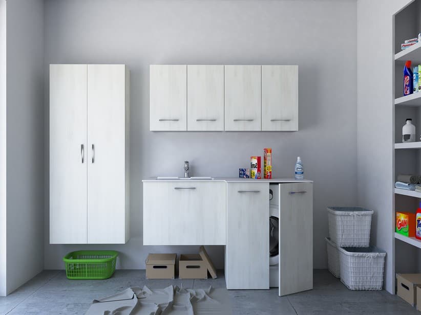 Meuble buanderie BONK 140x51/63 cm 2 portes et tiroir avec lavabo en solid surface gauche - Blanc Matrix | IperCeramica Meuble buanderie BONK 140x51/63 cm 2 portes et tiroir avec lavabo en solid surface gauche - Blanc Matrix | IperCeramica
