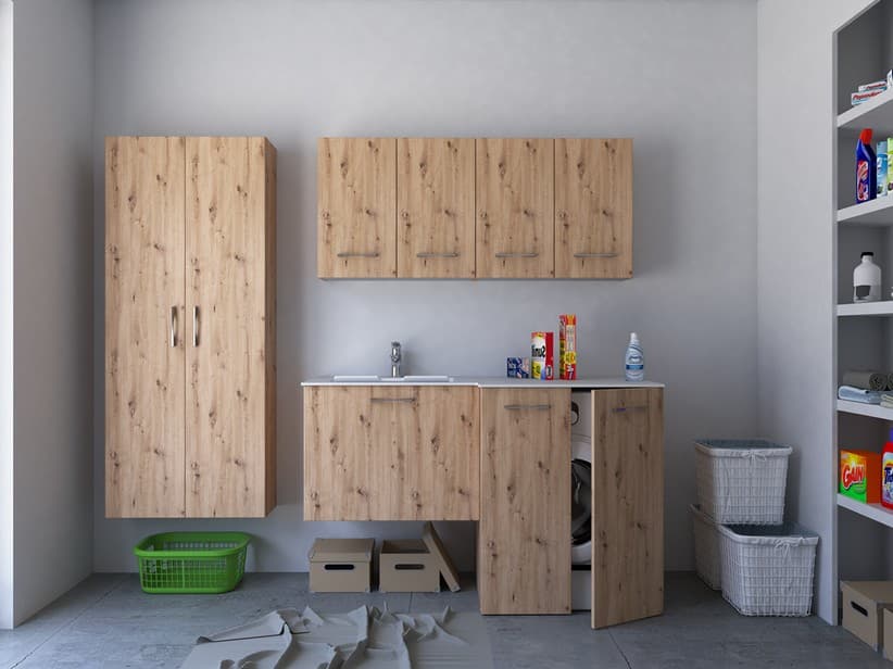 Meuble buanderie BONK 140x51/63 cm 2 portes et tiroir avec lavabo en solid surface gauche - Chêne à nœuds | IperCeramica Meuble buanderie BONK 140x51/63 cm 2 portes et tiroir avec lavabo en solid surface gauche - Chêne à nœuds | IperCeramica