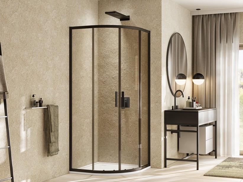Cabine de douche semi-circulaire Alfa ext. 87x89 cm porte coulissante verre transparent 6 mm noir mat | IperCeramica Cabine de douche semi-circulaire Alfa ext. 87x89 cm porte coulissante verre transparent 6 mm noir mat | IperCeramica