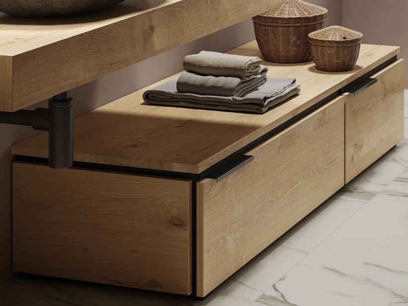 Commode sur pied OXYGEN 140 cm 2 tiroirs (90+50) réversibles et plateau 1,8 en chêne naturel à nœuds | IperCeramica Commode sur pied OXYGEN 140 cm 2 tiroirs (90+50) réversibles et plateau 1,8 en chêne naturel à nœuds | IperCeramica