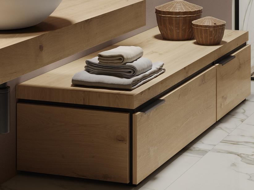 Commode au sol OXYGEN 140 cm 2 tiroirs (90+50) réversibles et plateau 4,5 en chêne naturel à nœuds | IperCeramica Commode au sol OXYGEN 140 cm 2 tiroirs (90+50) réversibles et plateau 4,5 en chêne naturel à nœuds | IperCeramica