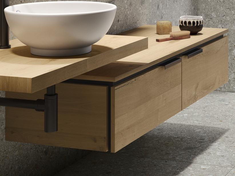 Commode suspendue OXYGEN 140 cm 2 tiroirs et plateau en bois naturel chêne nœuds | IperCeramica Commode suspendue OXYGEN 140 cm 2 tiroirs et plateau en bois naturel chêne nœuds | IperCeramica
