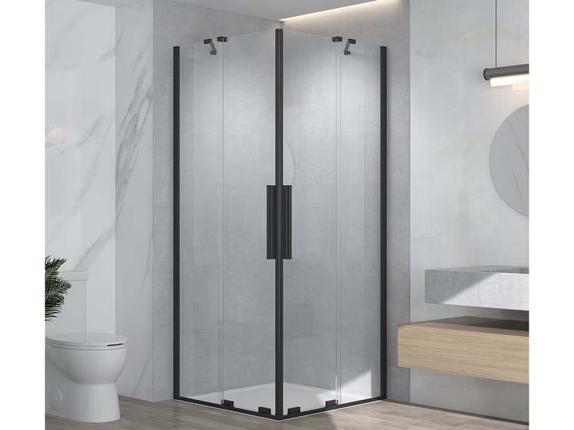 Cabine de douche d'angle Hype 2 portes coulissantes 90x120 cm H195 verre 6 mm transparent profilés noir mat | IperCeramica Cabine de douche d'angle Hype 2 portes coulissantes 90x120 cm H195 verre 6 mm transparent profilés noir mat | IperCeramica
