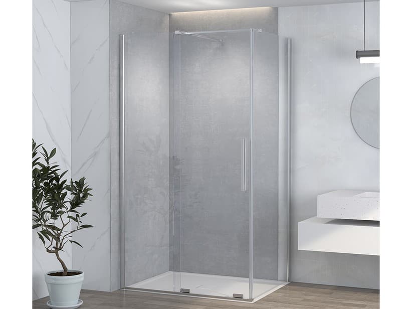 Cabine de douche d'angle Hype porte coulissante 120x80 H195 paroi fixe verre 6 mm transparent profilés chrome | IperCeramica Cabine de douche d'angle Hype porte coulissante 120x80 H195 paroi fixe verre 6 mm transparent profilés chrome | IperCeramica