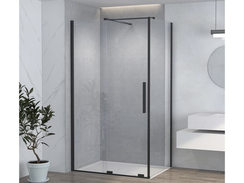 Cabine de douche d'angle Hype porte coulissante 140x80 H195 paroi fixe verre 6 mm transparent profilés noir mat | IperCeramica Cabine de douche d'angle Hype porte coulissante 140x80 H195 paroi fixe verre 6 mm transparent profilés noir mat | IperCeramica
