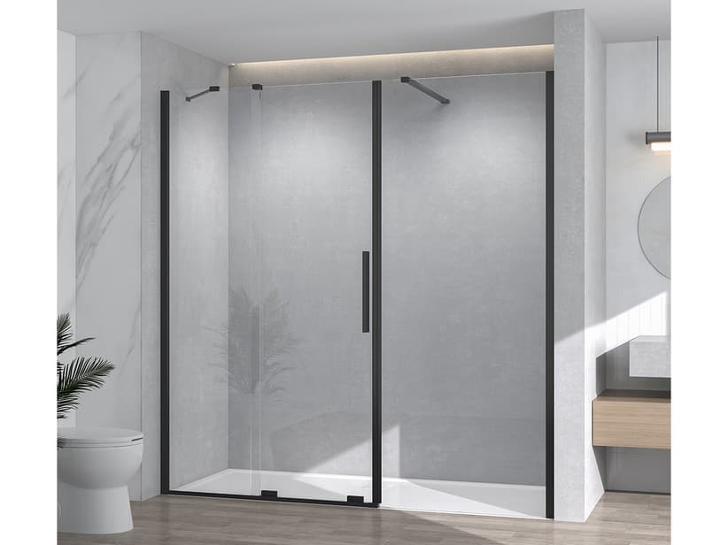 Porte de douche pour niche Hype coulissante paroi fixe alignée 170 cm H195 verre 6 mm transparent profilés noir mat | IperCeramica Porte de douche pour niche Hype coulissante paroi fixe alignée 170 cm H195 verre 6 mm transparent profilés noir mat | IperCeramica