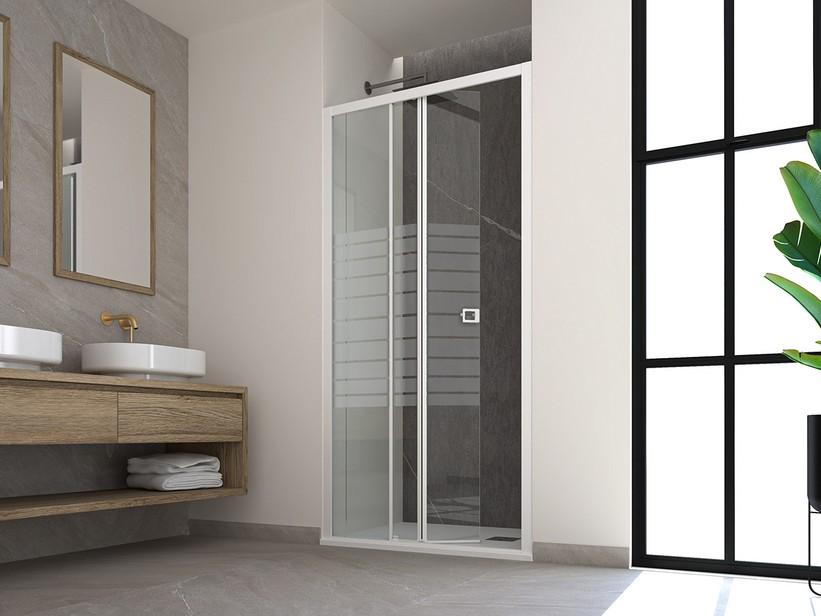 Porte de douche coulissante Miro' 90 cm ouverture gauche verre 6 mm transparent à rayures profilés blanc mat | IperCeramica Porte de douche coulissante Miro' 90 cm ouverture gauche verre 6 mm transparent à rayures profilés blanc mat | IperCeramica