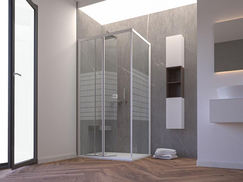 Cabine de douche d'angle Miro' H200 100x70cm porte coulissante paroi fixe ouverture gauche verre 6mm transp. rayures blanc mat | IperCeramica Cabine de douche d'angle Miro' H200 100x70cm porte coulissante paroi fixe ouverture gauche verre 6mm transp. rayures blanc mat | IperCeramica